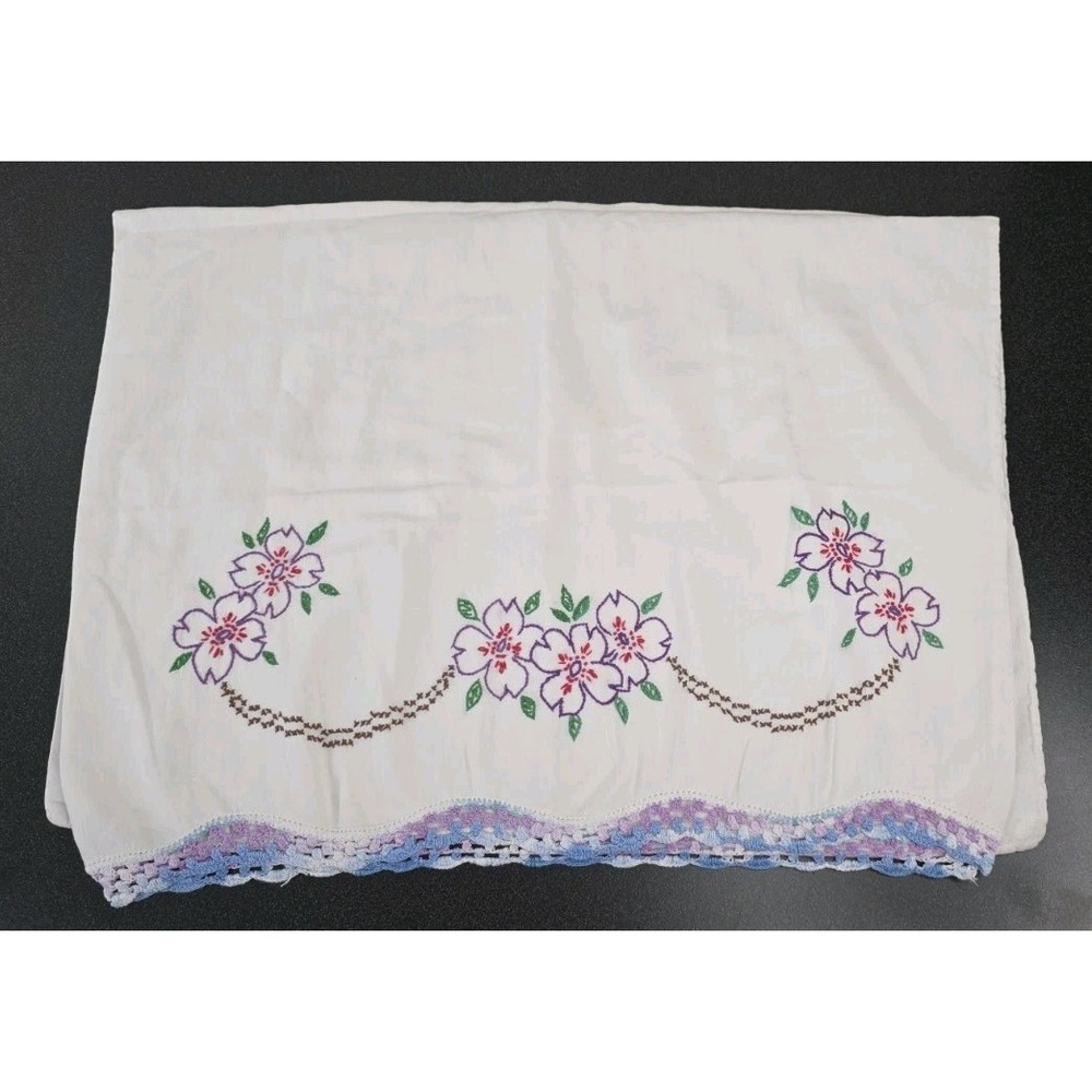 Vintage Pillowcase Hand Embroidery Crochet Trim Lavender 28x19 Cottage Boho Core